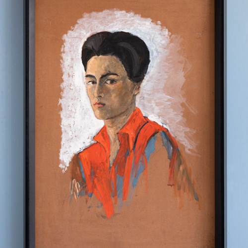 Nicole Marette, Self-Portrait With Red Shirt, Oil Painting On Cardboard, Midcent