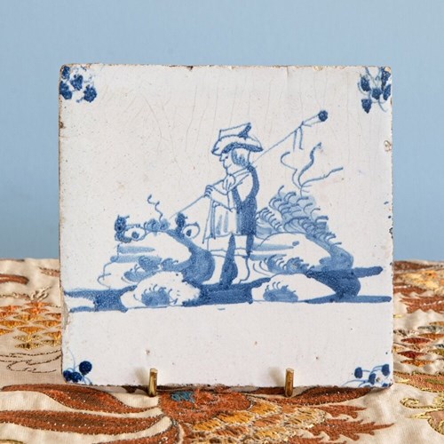 Dutch Delft Blue & White Fisherman Tile, 18Th Century