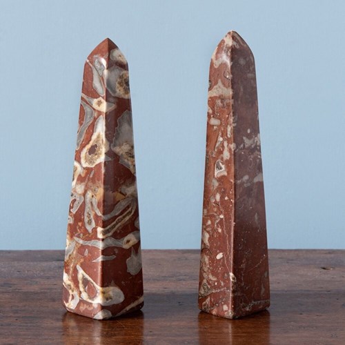 Pair Of French Rouge Griotte Marble Obelisks, Midcentury