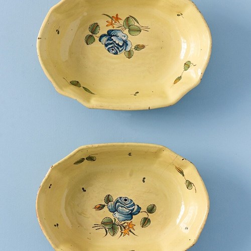 Pair Of Moustiers Faience Yellow Floral Dishes, 18Th Century