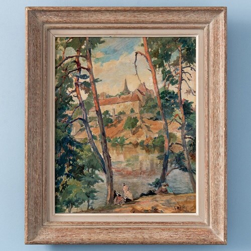 French School, Lakeside Scene, Oil Painting On Board, 1944