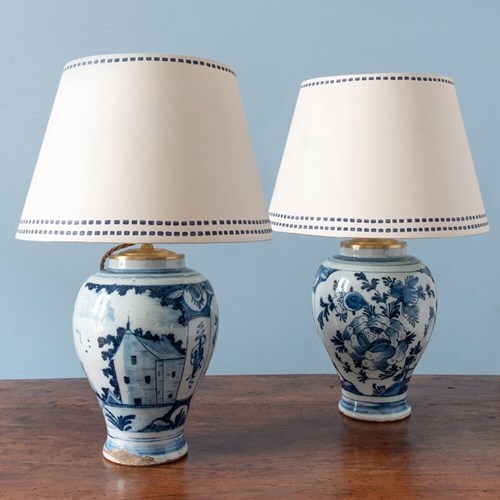 Pair Of Dutch Delft Blue And White Baluster Vase Lamps, 18Th Century