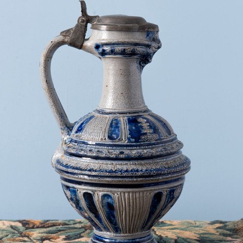 Westerwald Salt-Glazed Mascaron Jug With Pewter Lid, 19Th Century