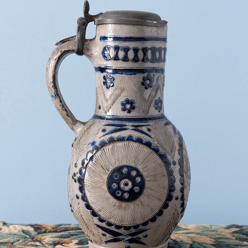 Westerwald Salt-Glazed Floral Jug With Pewter Lid, 19Th Century