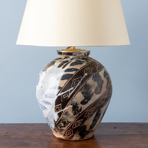 French Studio Pottery Sgraffito Vase Lamp, 1980S