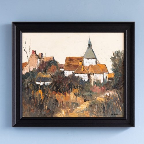 French School, Autumnal Landscape With Church, Oil Painting On Canvas, Midcentur