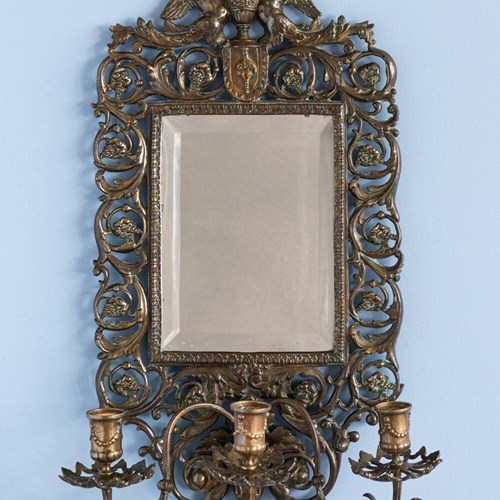 Pair Of French Louis XIII Bronze Mirrored Sconces, 19Th Century