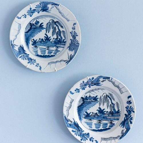 Pair Of Dutch Delft Blue & White Chinoiserie Plates, 18Th Century