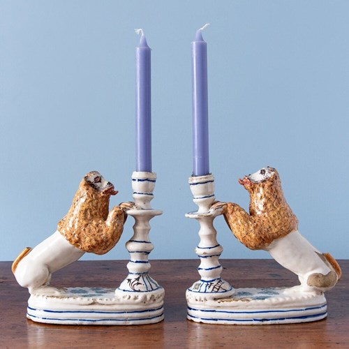 Pair Of Italian Lion Faience Candlesticks, 18Th Century