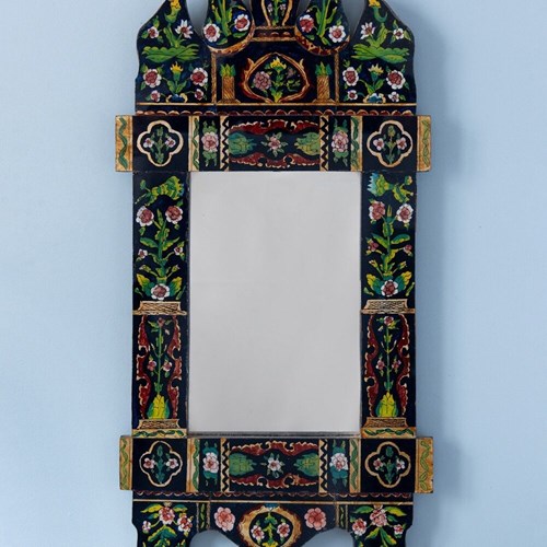 Persian Qajar Reverse Painted Glass Mirror, Late 19Th Century