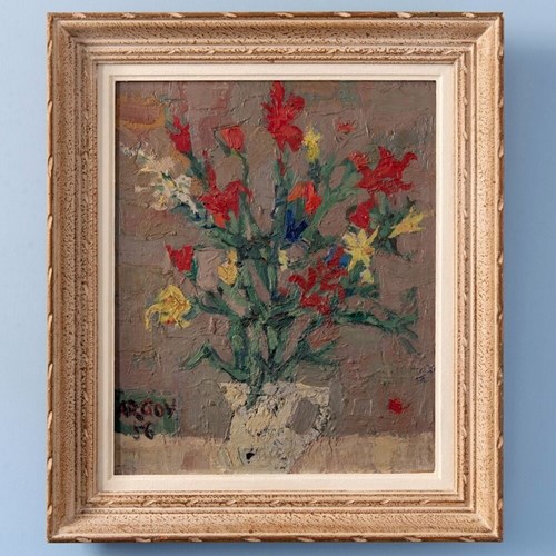Michael Argov, Flower Bouquet, Oil Painting On Board, 1956