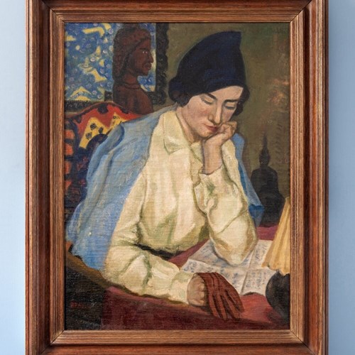 French School, Portrait Of A Woman Reading, Oil Painting On Canvas, Early 20Th C