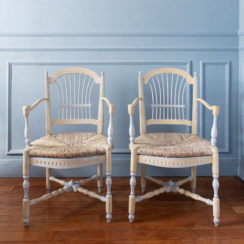 Pair Of Provençal Painted Armchairs With Rush Seats, Late 19Th Century