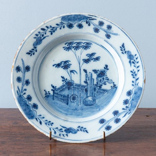 Dutch Delft, Blue & White Chinoiserie Plate With Flowers, 18Th Century