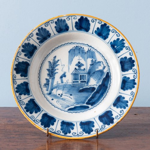 Dutch Delft, Blue & White Chinoiserie Plate With Folly, 18Th Century