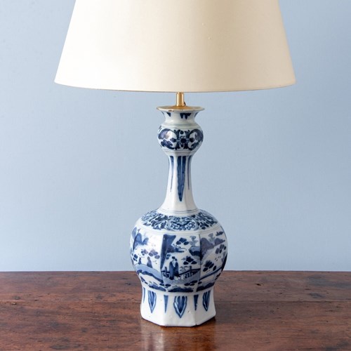 Dutch Delft, Garlic Neck Chinoiserie Vase Table Lamp, Early 18Th Century