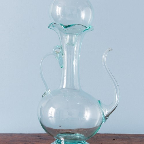 Spanish Teal Blown Glass Ewer With Stopper, 19Th Century