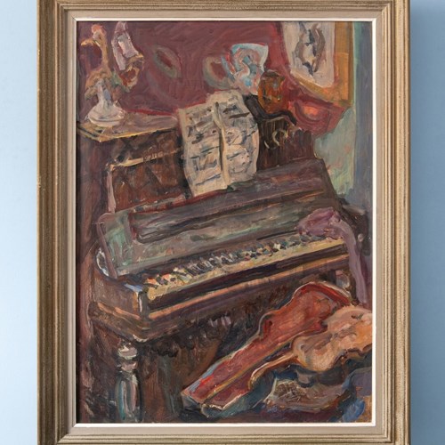 Vladimir Naïditch, Interior Scene With Piano, Oil Painting On Canvas, Midcentury