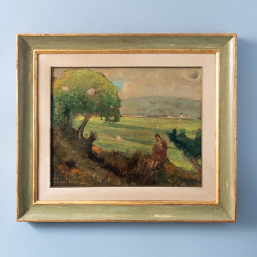 Raul Viviani, Landscape With Figure, Watercolour And Gouache On Board, 1950