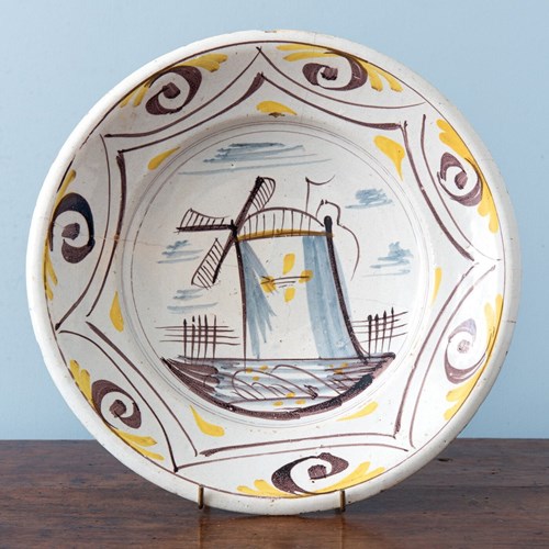 Dutch Delft, Yellow & Manganese Windmill Dish, 18Th Century