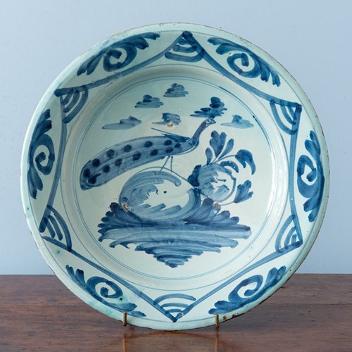 Dutch Delft, Blue & White Peacock Dish, 18Th Century