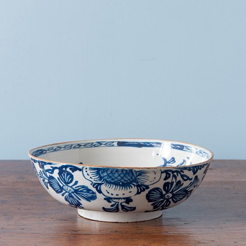 Dutch Delft, Blue & White Floral Bowl, 18Th Century