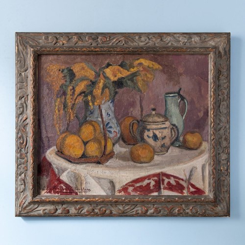 Edouard Bernard-Toublanc, Still Life With Fruits And Mimosas, Oil Painting On Ca
