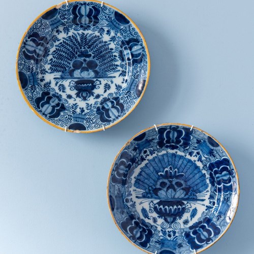 Dutch Delft, Pair Of Blue & White Peacock Plates, 18Th Century