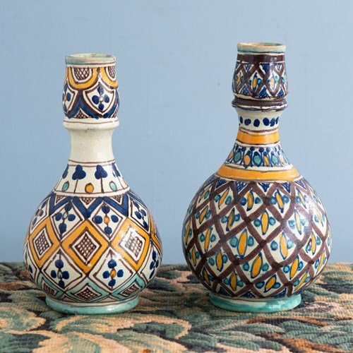 Pair Of Tunisian Glazed Earthenware Vases, Midcentury