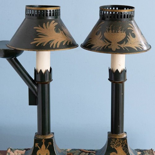 Pair Of French Tole Oil Lamps, Early 20Th Century