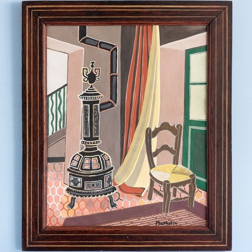 Lucien Mathelin, Interior Scene, Gouache On Paper, Midcentury