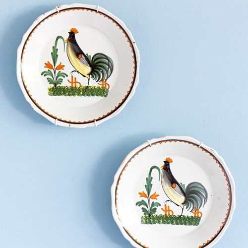 Nevers Faience, Pair Of Rooster Plates, Early 19Th Century