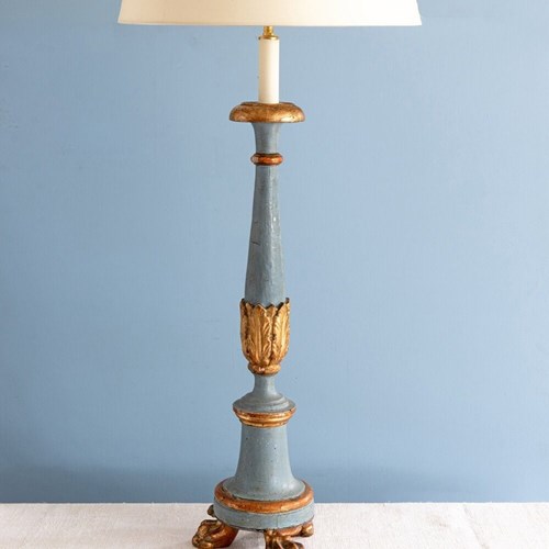 French Painted Wood Candlestick Lamp, 19Th Century