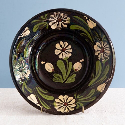 Romanian Pottery, Zalau Black & Green Floral Plate, 1930S