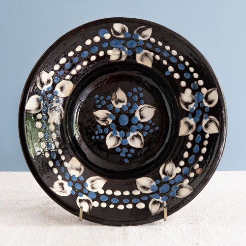 Romanian Pottery, Zalau Black & Blue Floral Plate, 1930S