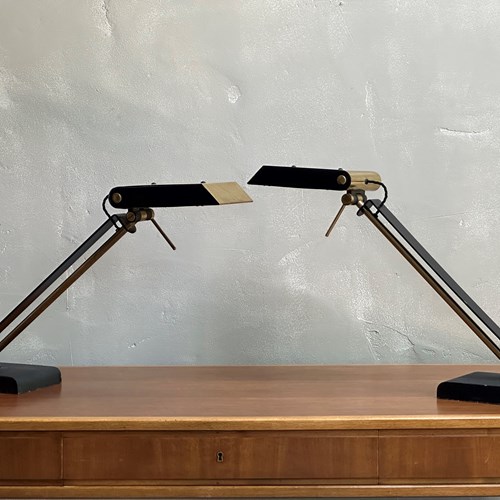 A Chic Pair Of Angular Brass Desk Lamps