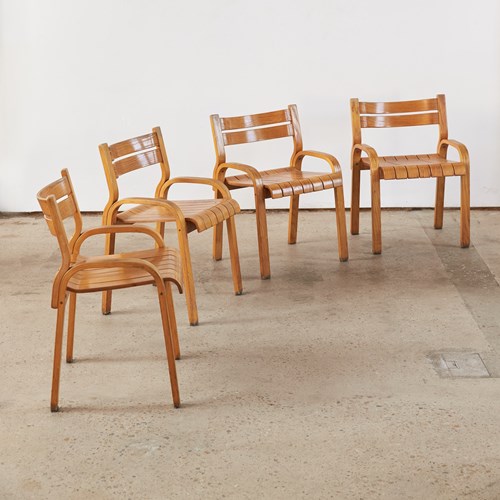 Set Of Four Italian Beech Slatted Armchairs, C1960