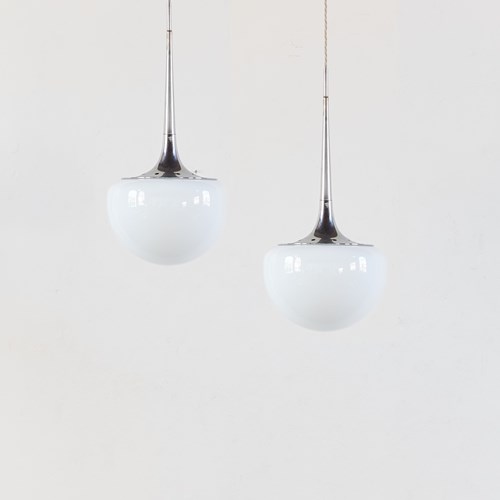 Pair Of Chrome And Opaline Glass Ceiling Pendants By Goffredo Reggiani