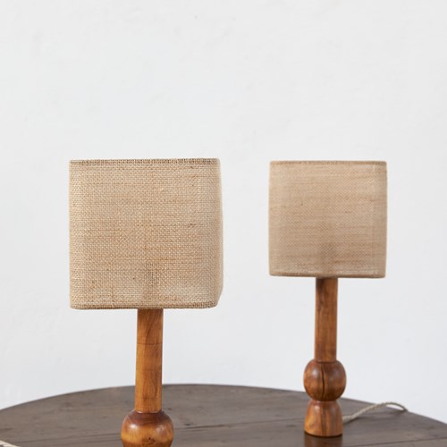 Pair Of French Hand Turned Woodentable Lamps With Hessian Shades