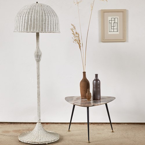 French Painted Cane Floor Lamp With Domed Cane Shade, C1970