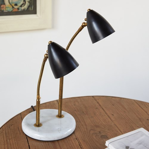 Italian Double Headed Black Table Lamp On Marble Base, C1950
