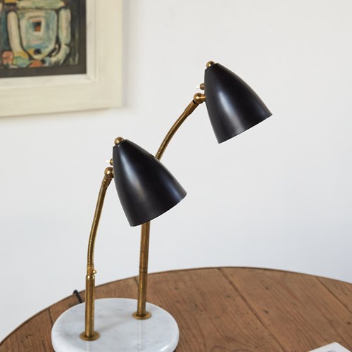 Italian Double Headed Black Table Lamp On Marble Base, C1950