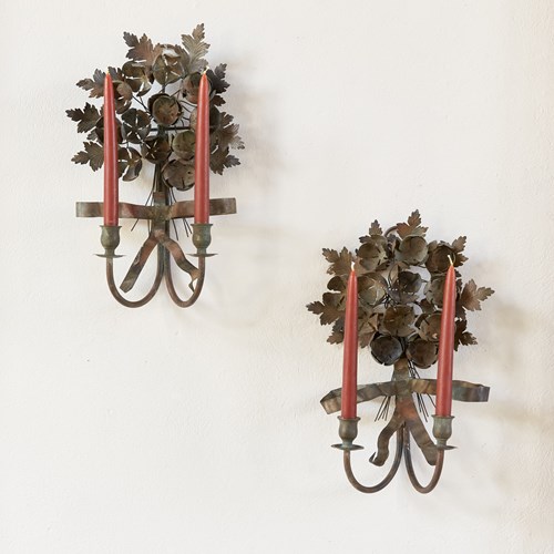 Pair Of Italian Copper Toleware Candelabra, C1950