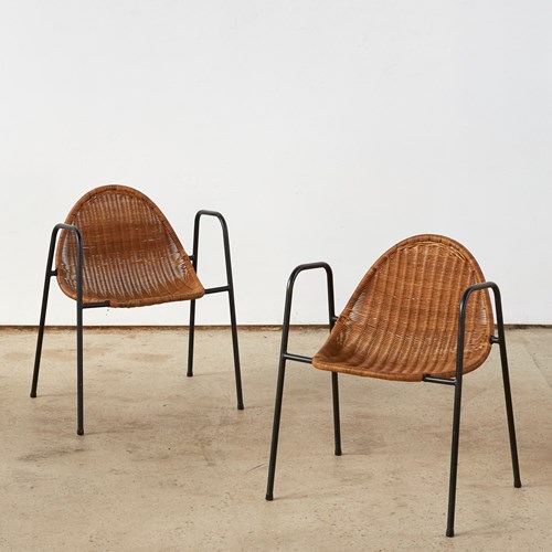 Pair Of Cane And Black Tubular Metal Chairs, C1950