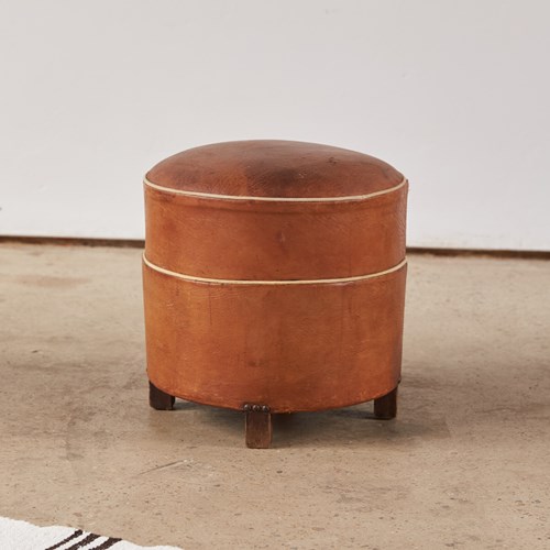 1920S French Caramel Leather Pouffe