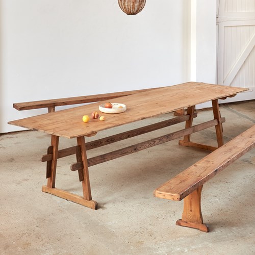 19Th Century Tyrolean Pine Trestle Table And Benches