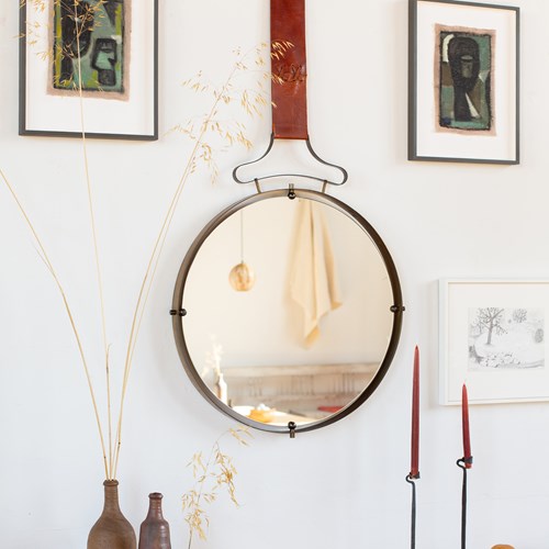 1950S Italian Brass Framed Mirror With Leather Hanging Strap
