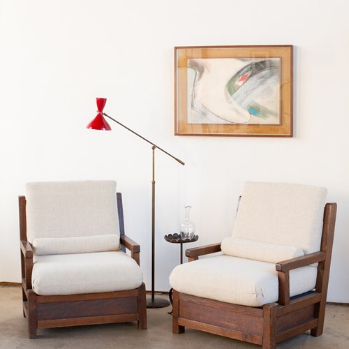 Pair Of Wooden Armchairs With Hemp Upholstery, Belgium C1950