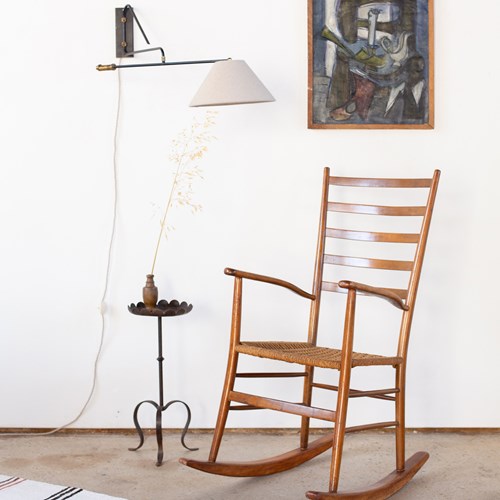 Italian Beechwood Rocking Chair With Finely Woven Rope Seat, C1950