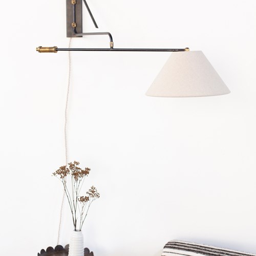 Maison Lunel Brass And Black Metal Wall Light With Linen Shade, C1950
